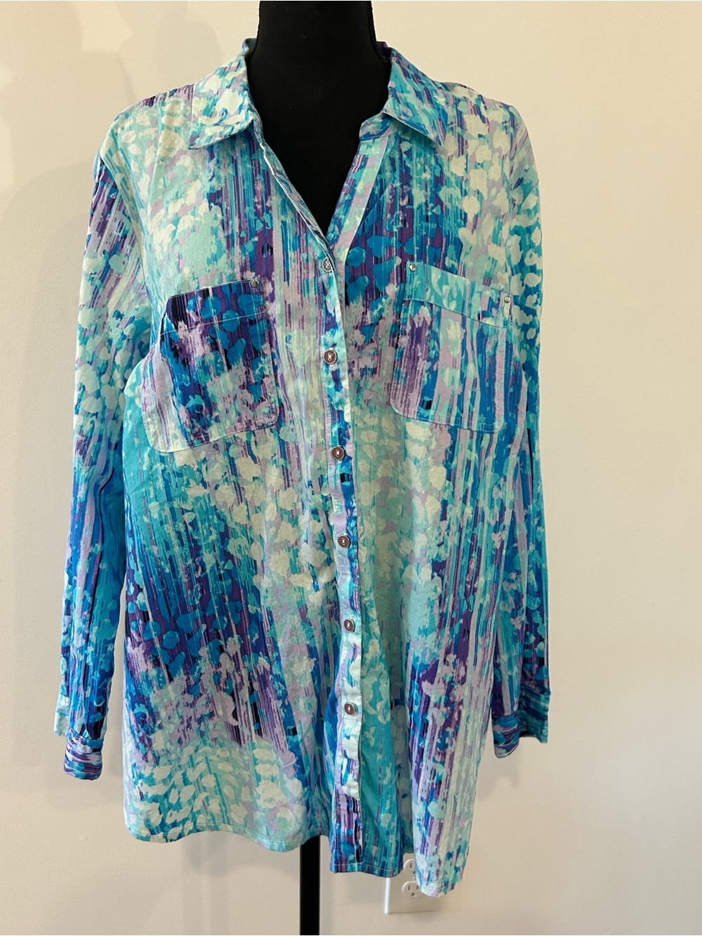 Catherines 1X Turquoise Purple Abstract 100% Cotton Button Front Shirt